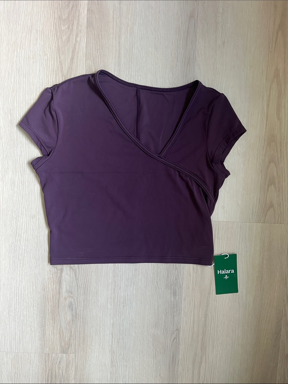 HALARA Deep Plum Short Sleeve Wrap Front Crop Top NWT